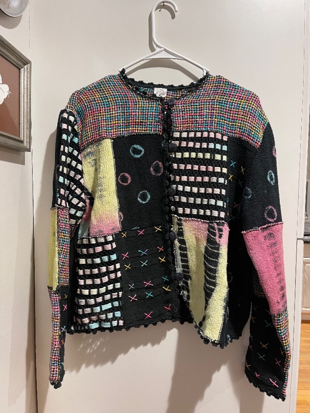 VTG SANDY STARKMAN Sz M Rainbow Woven Sweater Jacket Wearable Art Boho Hippie